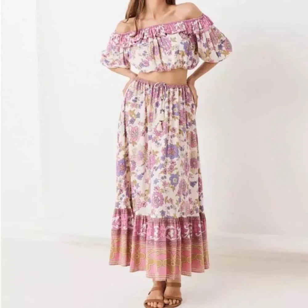 Waverly Floral Gypsy Bohemian Off Shoulder Blouse & Maxi Ruffle Skirt Set - Picture 6 of 13